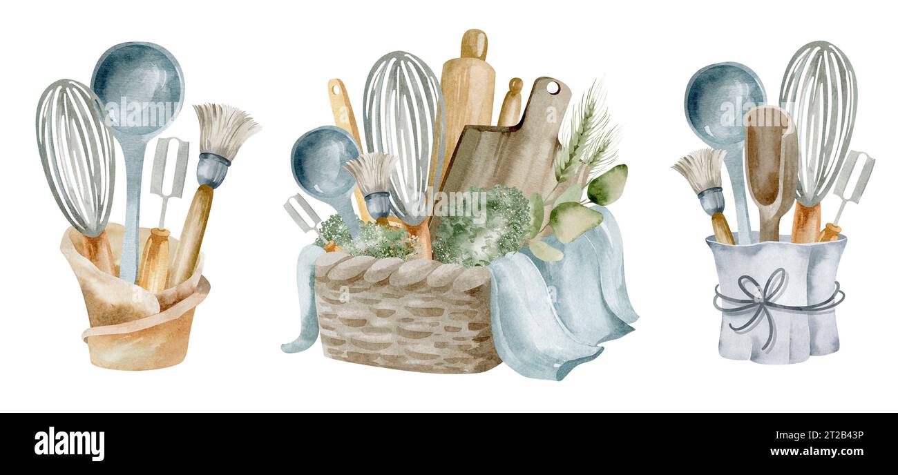 Strumento Сulinary su sfondo isolato. Set di elettrodomestici da cucina di design ad acquerello. Foto Stock