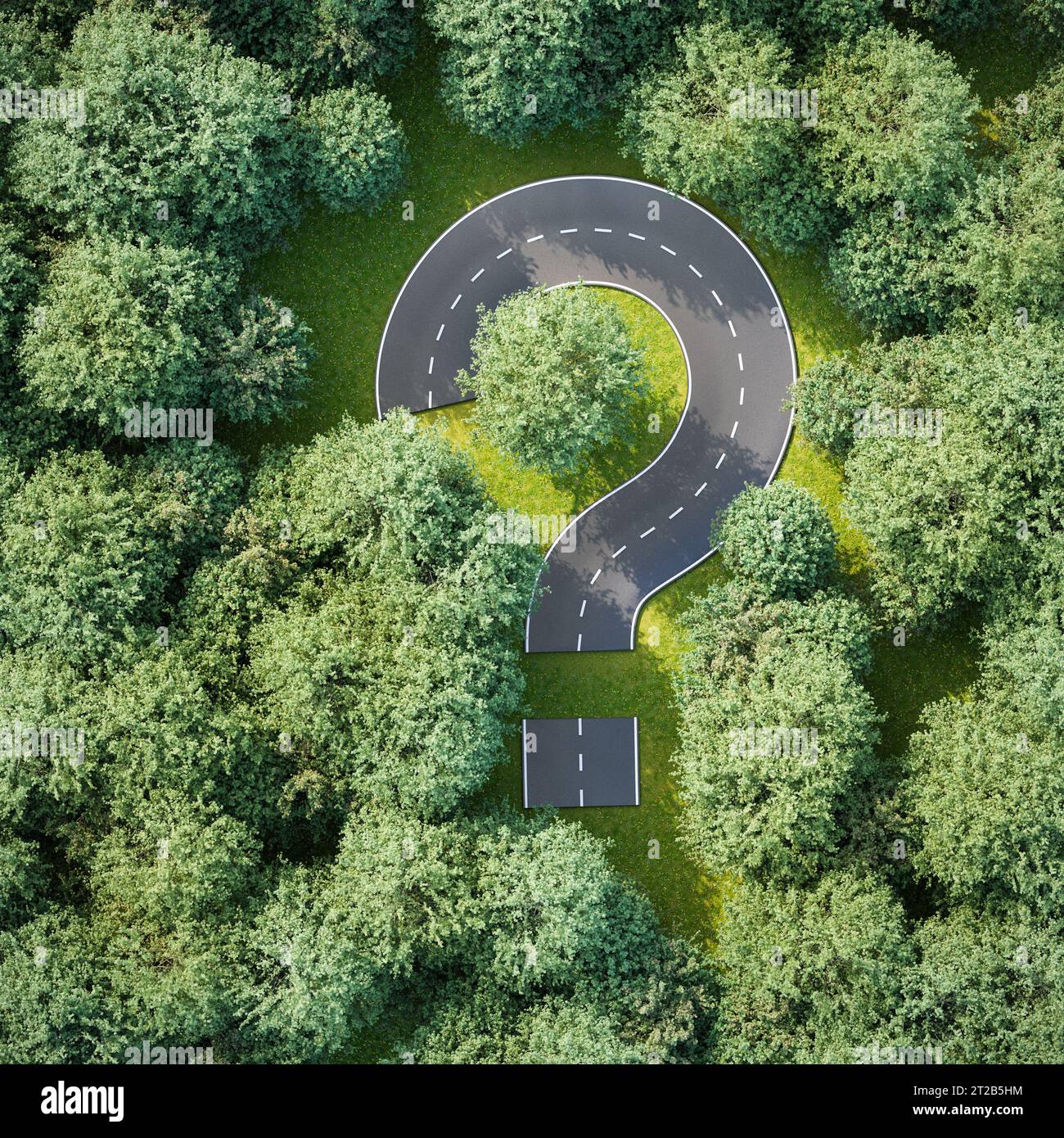 Immagine aerea di una strada sotto forma di punto interrogativo all'interno di una foresta di olmi - concetto di domande e risposte, incertezza. rendering 3d. Foto Stock