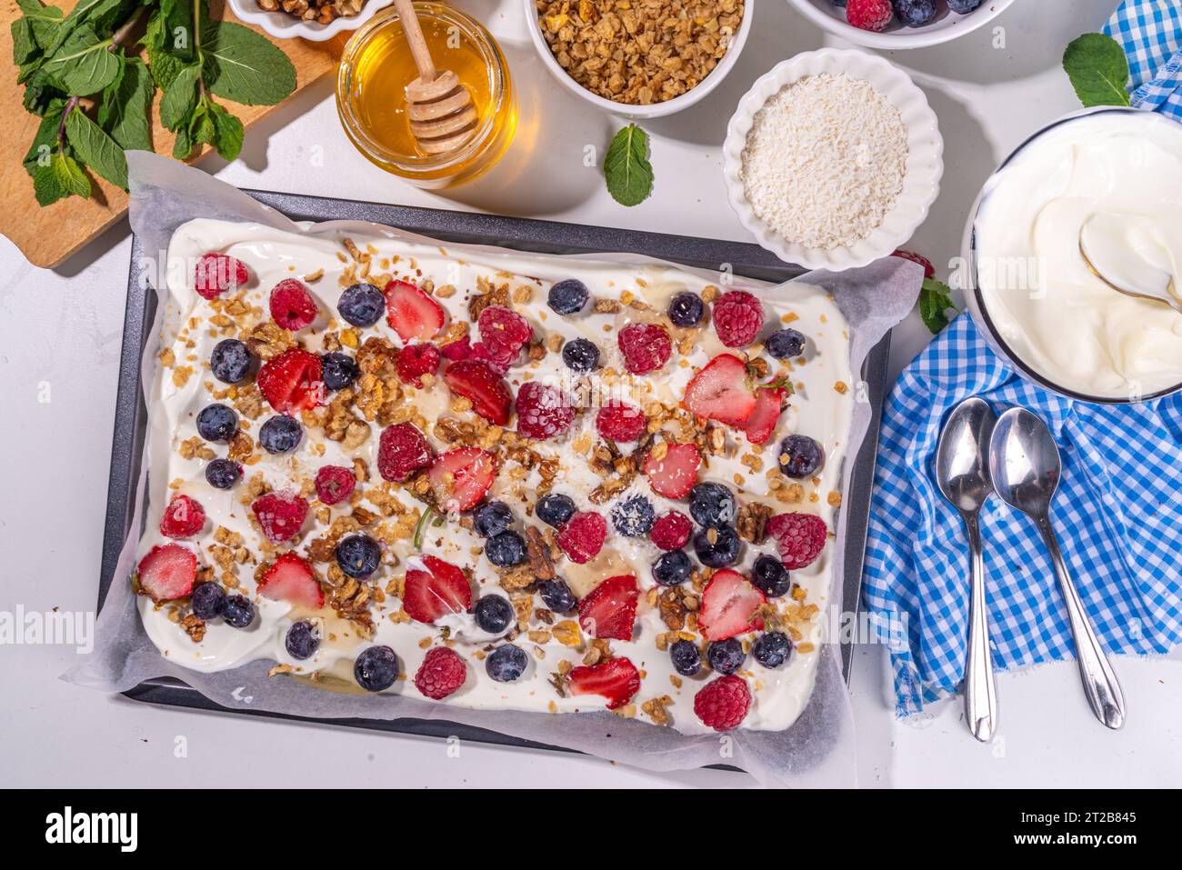 Preparazione della cottura con sfondo di corteccia di yogurt congelato con yogurt greco, bacche fresche, muesli, miele, salsa al cioccolato, con vassoio da forno deco. Vista dall'alto della donna Foto Stock