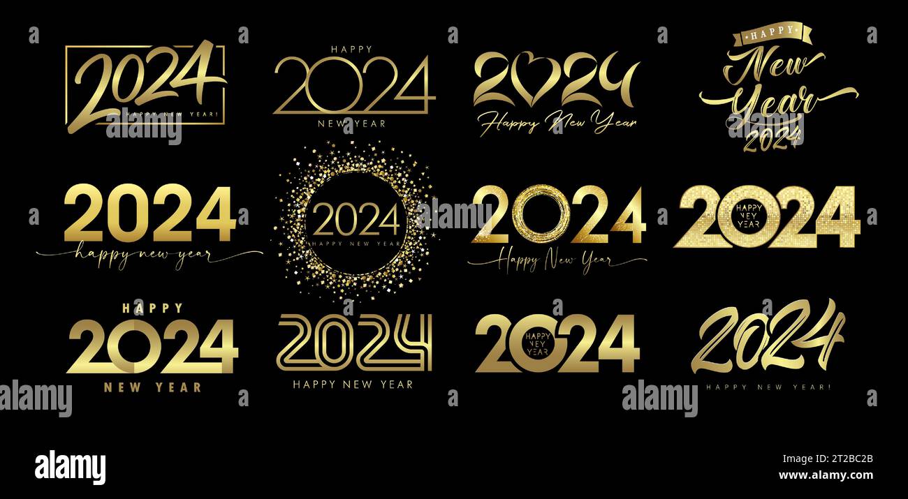 Grande set di Happy New Year 2024, testo con logo dorato. Segno vettoriale illustrazioni di lusso di saluti e celebrazione del nuovo anno 2024 Illustrazione Vettoriale