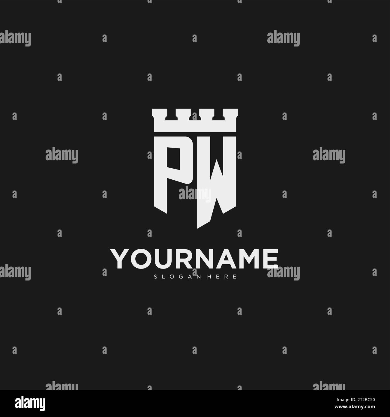 Monogramma con logo PW iniziali con grafica vettoriale per scudo e design fortezza Illustrazione Vettoriale