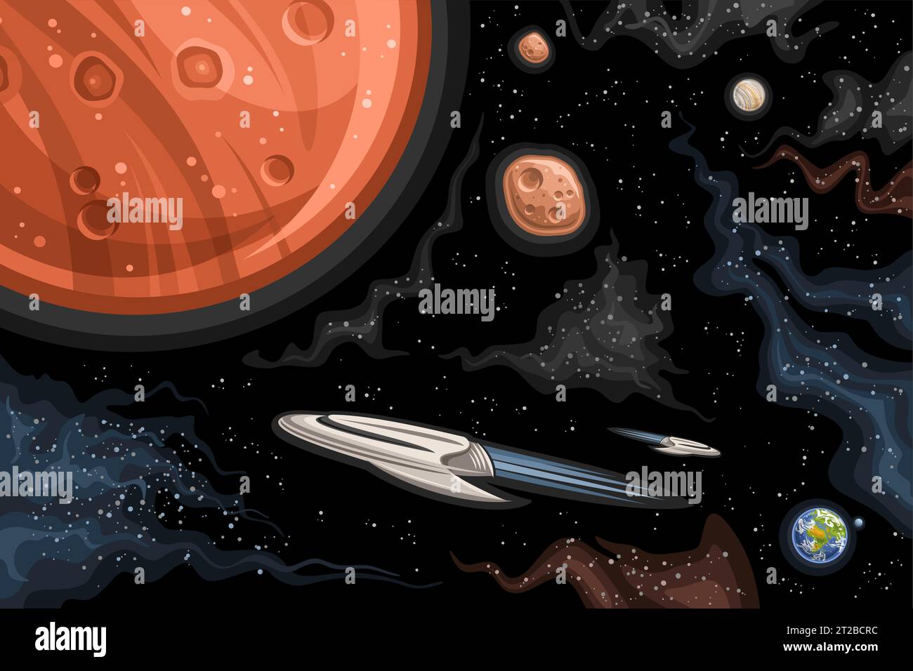 Vector Space Chart, poster astronomico orizzontale con illustrazione di Phobos e Deimos in orbita su Marte rosso, veicolo di ricerca fantascientifica in profondità spa Illustrazione Vettoriale