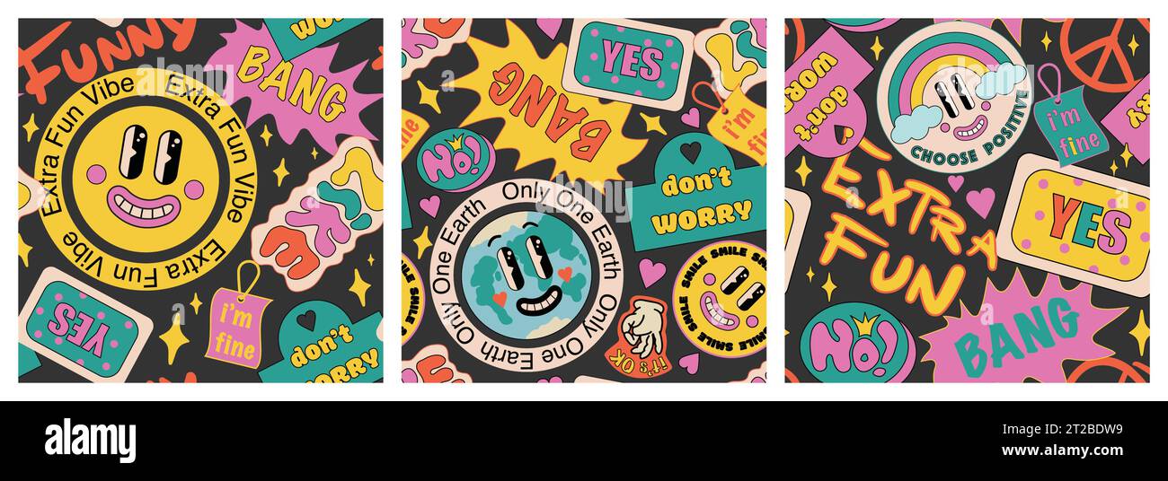 90 Set di pattern senza cuciture per collage Cool Sticker. Sfondo eccentrico e ricco con patch in stile Millennium. Cartoon Fun Smile Faces, y2k Vector Illustration. Illustrazione vettoriale Illustrazione Vettoriale