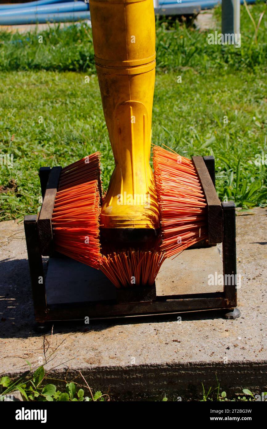 Spazzola per la pulizia dei pattini con un parapolvere nelle spazzole Foto Stock