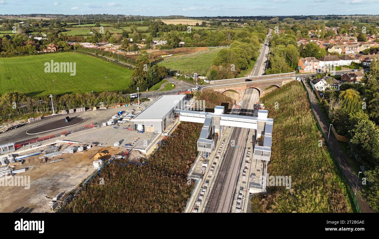 Vista aerea della costruzione della East West Rail Winslow Buckinghamshire Station. Foto Stock
