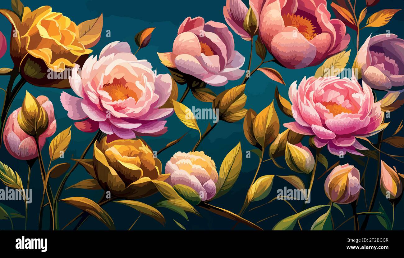 Pittura ad olio rosa grandi peonie fiori, murales stampabili, sfondo floreale o carta da parati. Illustrazione vettoriale Illustrazione Vettoriale