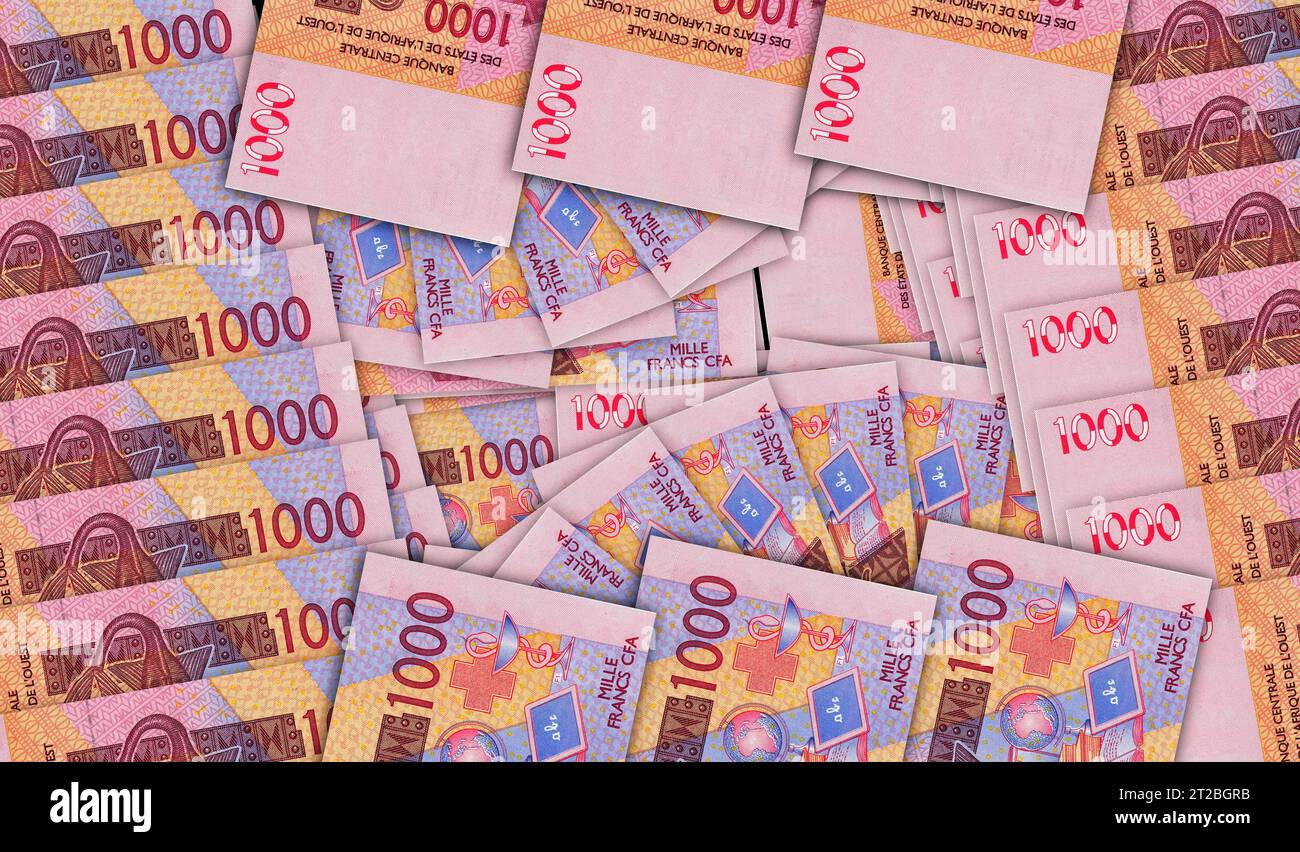 CFA dell'Africa occidentale Franco monetario Niger Mali Senegal banconote africane in un modello a mosaico per fan di contanti banconote XOF. Concetto astratto di banca, finanza, economia de Foto Stock