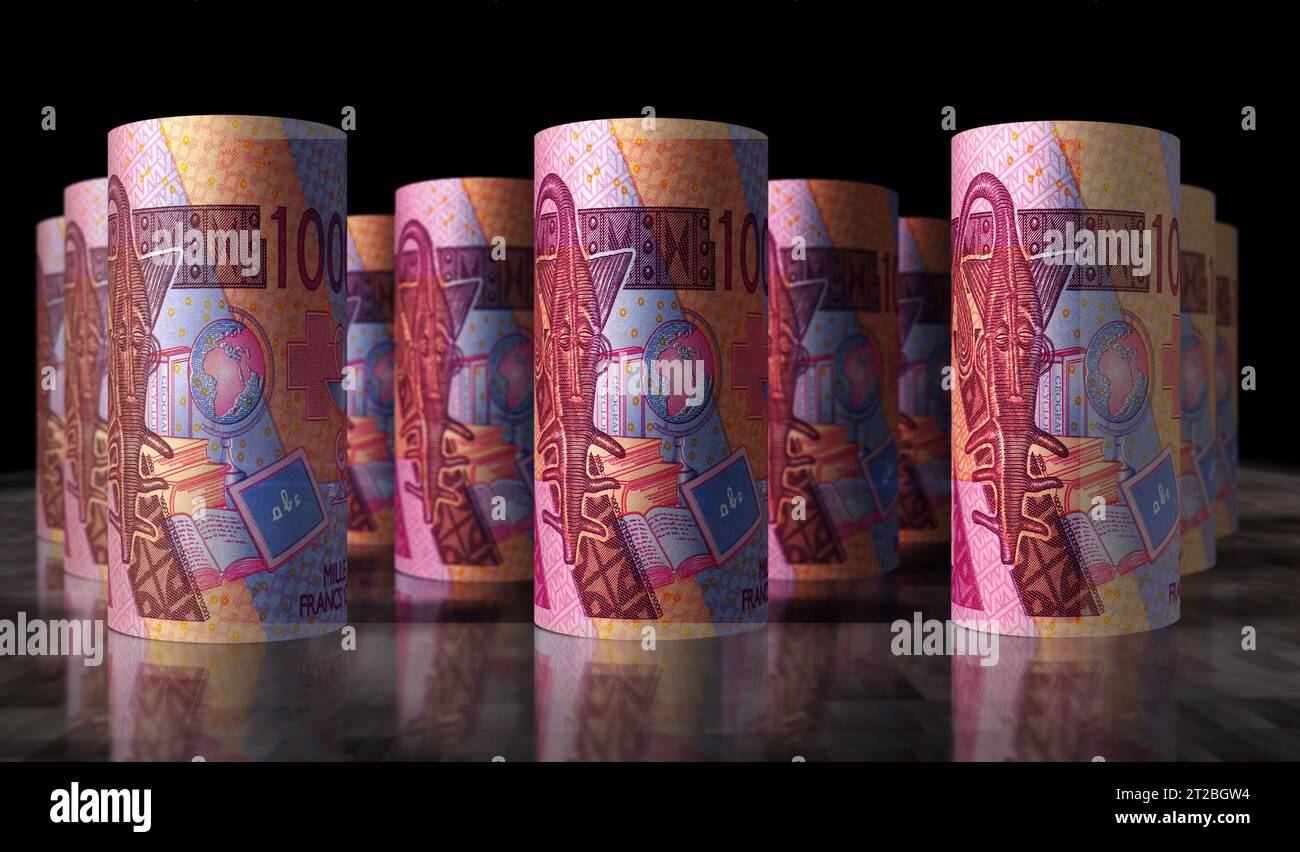 CFA dell'Africa occidentale Franco monetario Niger Mali Senegal Africa pacchetto illustrazione 3D. 1000 pile di banconote XOF. Concetto di finanza, economia, affari, b Foto Stock