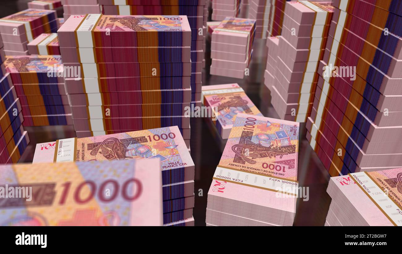 CFA dell'Africa occidentale Franco monetario Niger Mali Senegal Africa pacchetto illustrazione 3D. 1000 pile di banconote XOF. Concetto di finanza, economia, affari, b Foto Stock