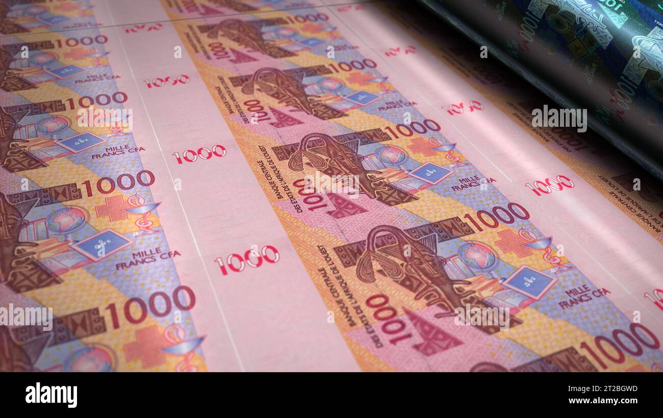 CFA dell'Africa occidentale Franco monetario Niger Mali Senegal Africa stampa illustrazione 3D. 1000 emissione di banconote XOF. Concetto di finanza, economia, successo aziendale Foto Stock