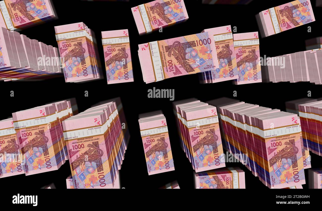 CFA dell'Africa occidentale Franco monetario Niger Mali Senegal Africa pacchetto illustrazione 3D. 1000 pile di banconote XOF. Concetto di finanza, economia, affari, b Foto Stock