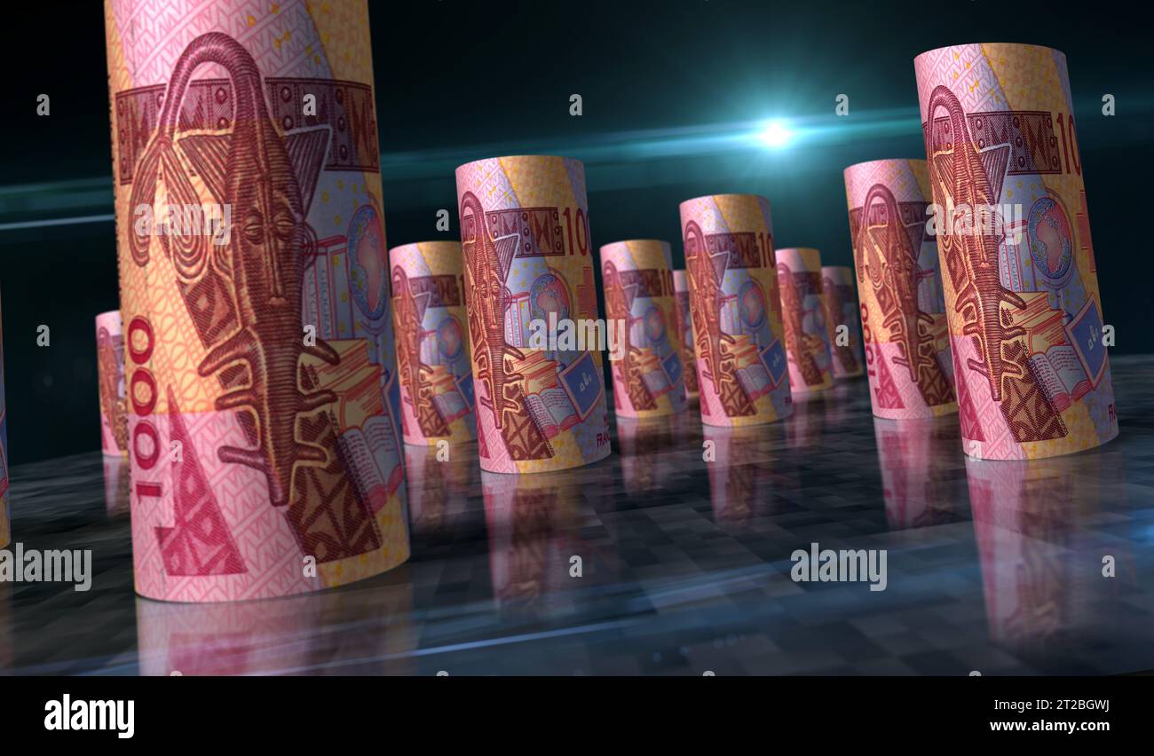 CFA dell'Africa occidentale Franco monetario Niger Mali Senegal Africa pacchetto illustrazione 3D. 1000 pile di banconote XOF. Concetto di finanza, economia, affari, b Foto Stock