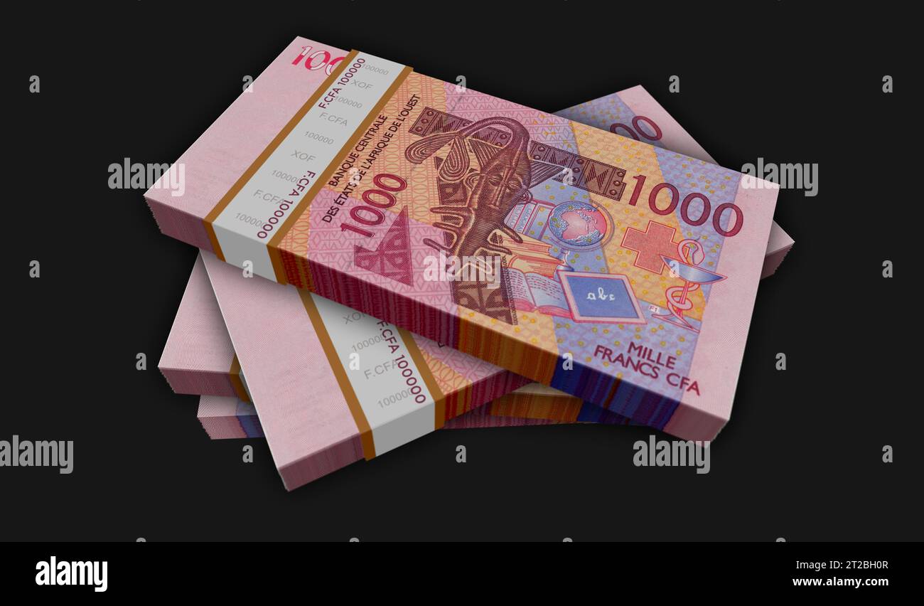 CFA dell'Africa occidentale Franco monetario Niger Mali Senegal Africa pacchetto illustrazione 3D. 1000 pile di banconote XOF. Concetto di finanza, economia, affari, b Foto Stock