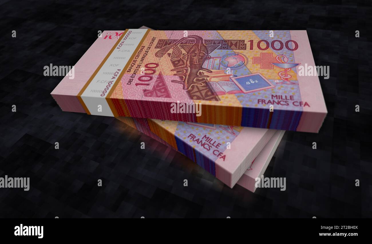 CFA dell'Africa occidentale Franco monetario Niger Mali Senegal Africa pacchetto illustrazione 3D. 1000 pile di banconote XOF. Concetto di finanza, economia, affari, b Foto Stock