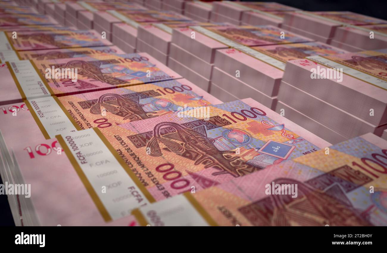 CFA dell'Africa occidentale Franco monetario Niger Mali Senegal Africa stampa illustrazione 3D. 1000 emissione di banconote XOF. Concetto di finanza, economia, successo aziendale Foto Stock