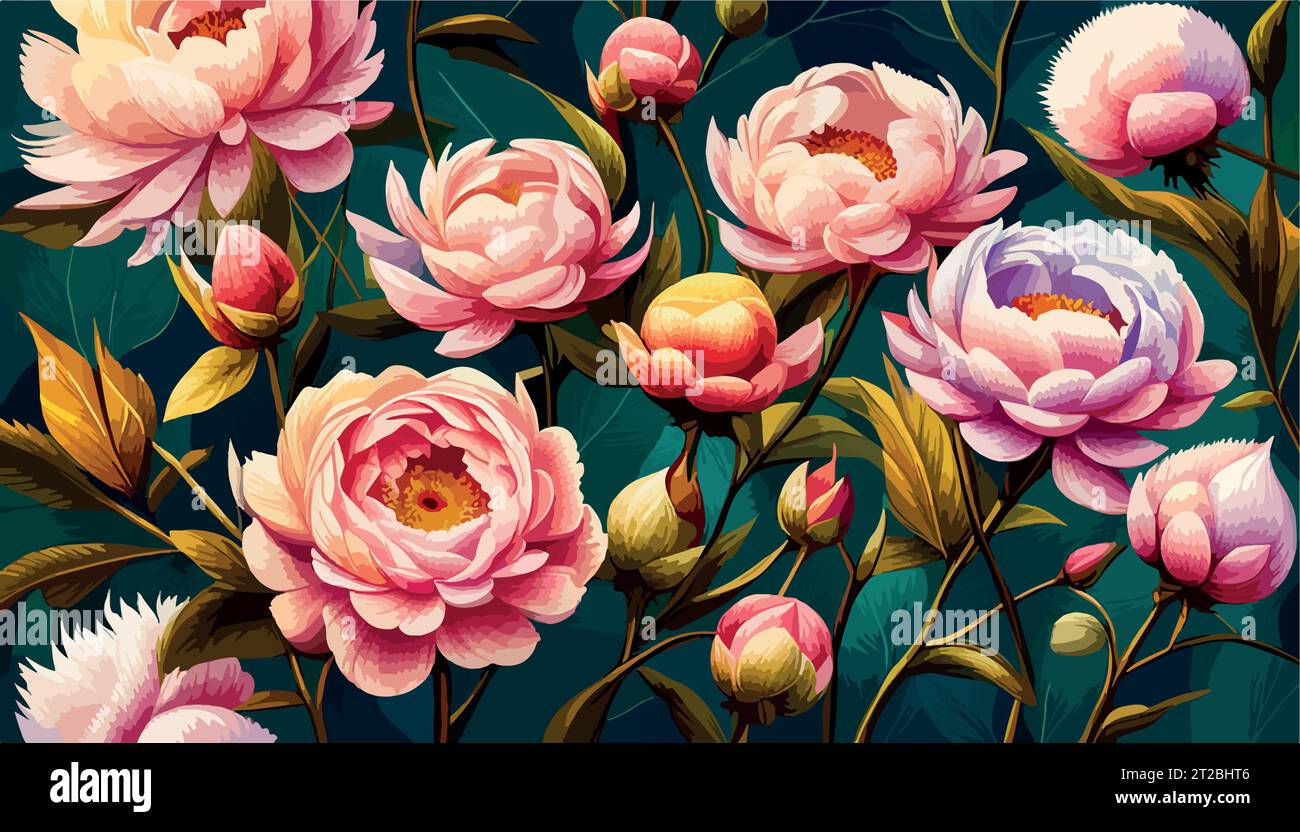 Pittura ad olio rosa grandi peonie fiori, murales stampabili, sfondo floreale o carta da parati. Illustrazione vettoriale Illustrazione Vettoriale