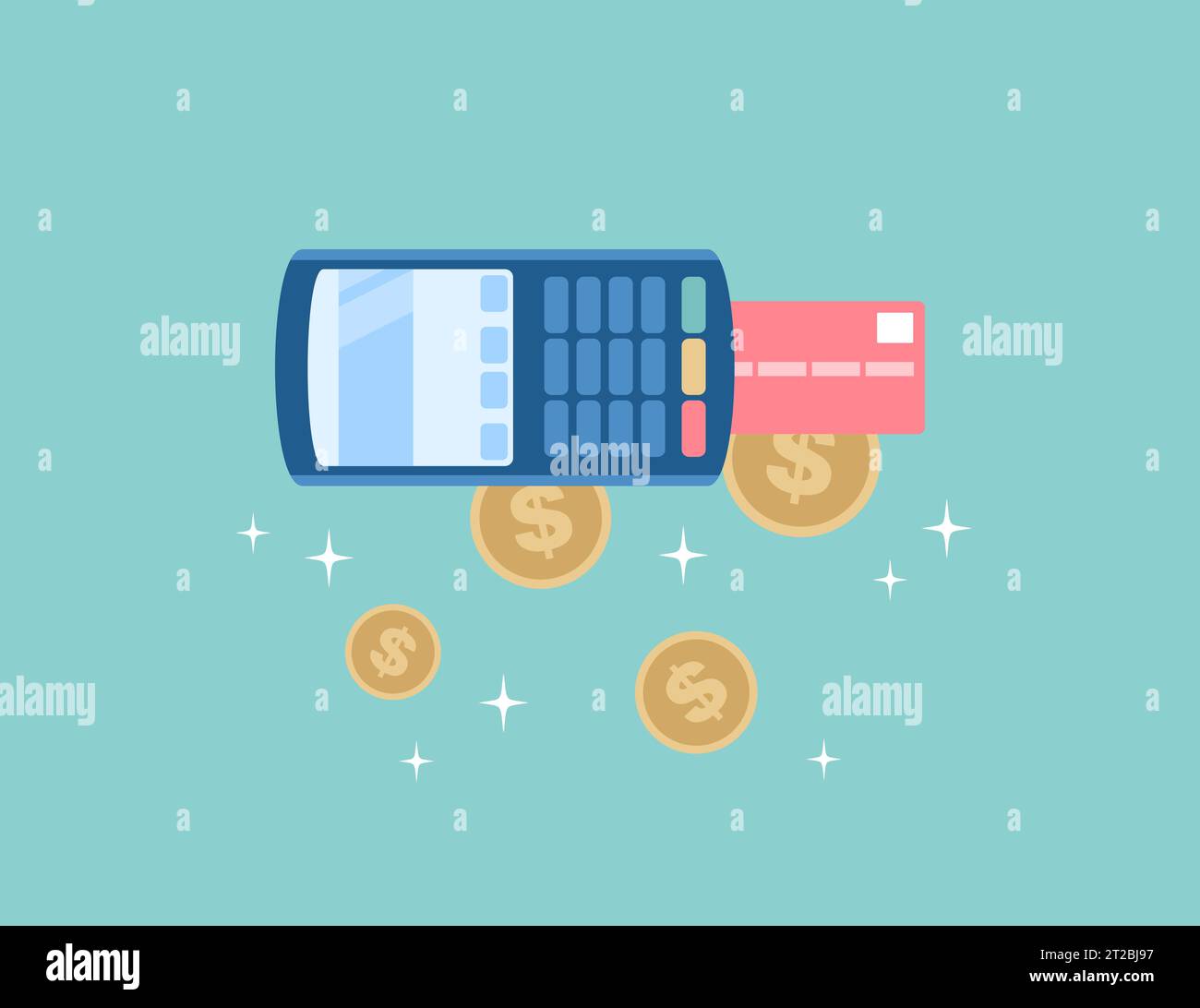 Terminale POS con carta di credito e monete d'oro. Pagamento contactless cashless. Illustrazione del vettore piatto Illustrazione Vettoriale