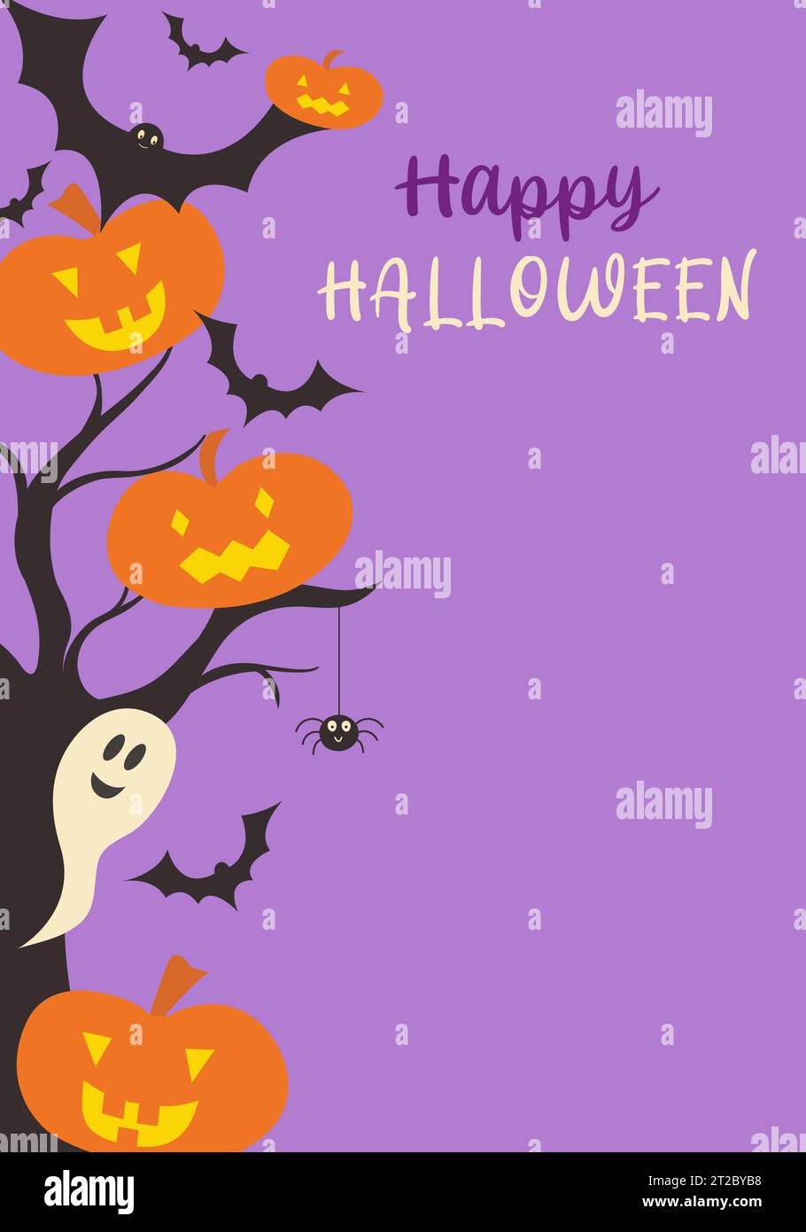 Buon biglietto d'auguri di Halloween o invito a una festa con simpatici personaggi di halloween come fantasma, jack-o-lantern e bat Illustrazione Vettoriale