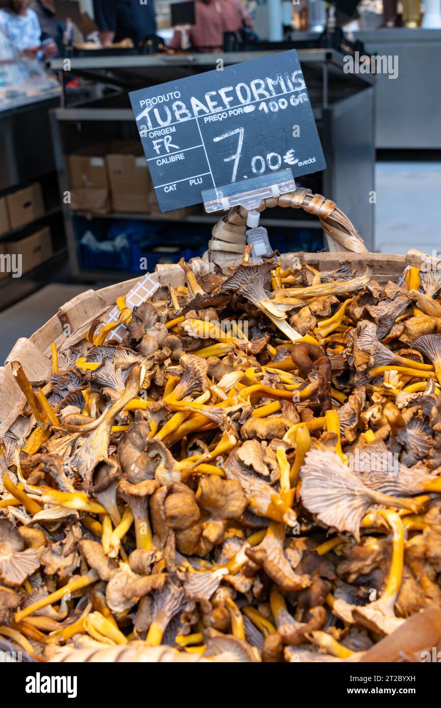 Cestino di funghi selvatici freschi in vendita in un mercato di Porto, Portogallo Foto Stock