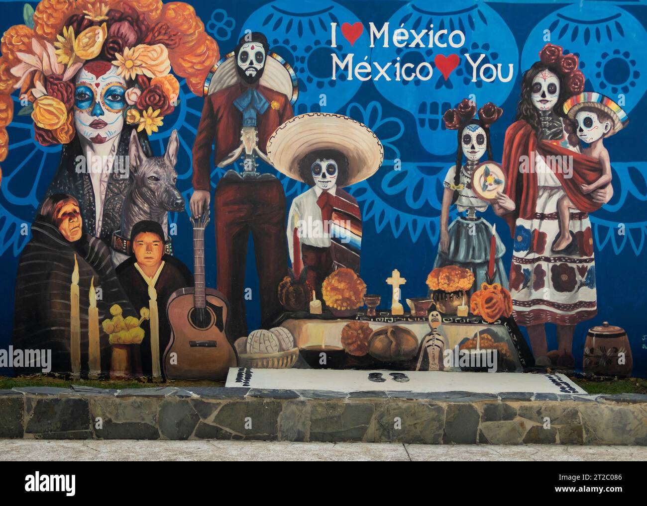 Messico, ti amo, pittura murale, giorno dei morti, murales, muralismo messicano, progetto artistico, Rivoluzione messicana, identificatori culturali, arte di strada, raffigurazione. Foto Stock