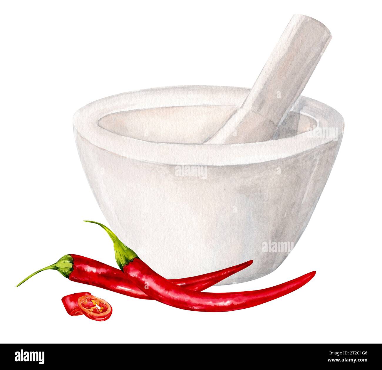 Macinare il peperoncino rosso in un mortaio di granito bianco. Illustrazione acquerello. Il pepe caldo è un ingrediente tradizionale della cucina indiana e messicana Foto Stock