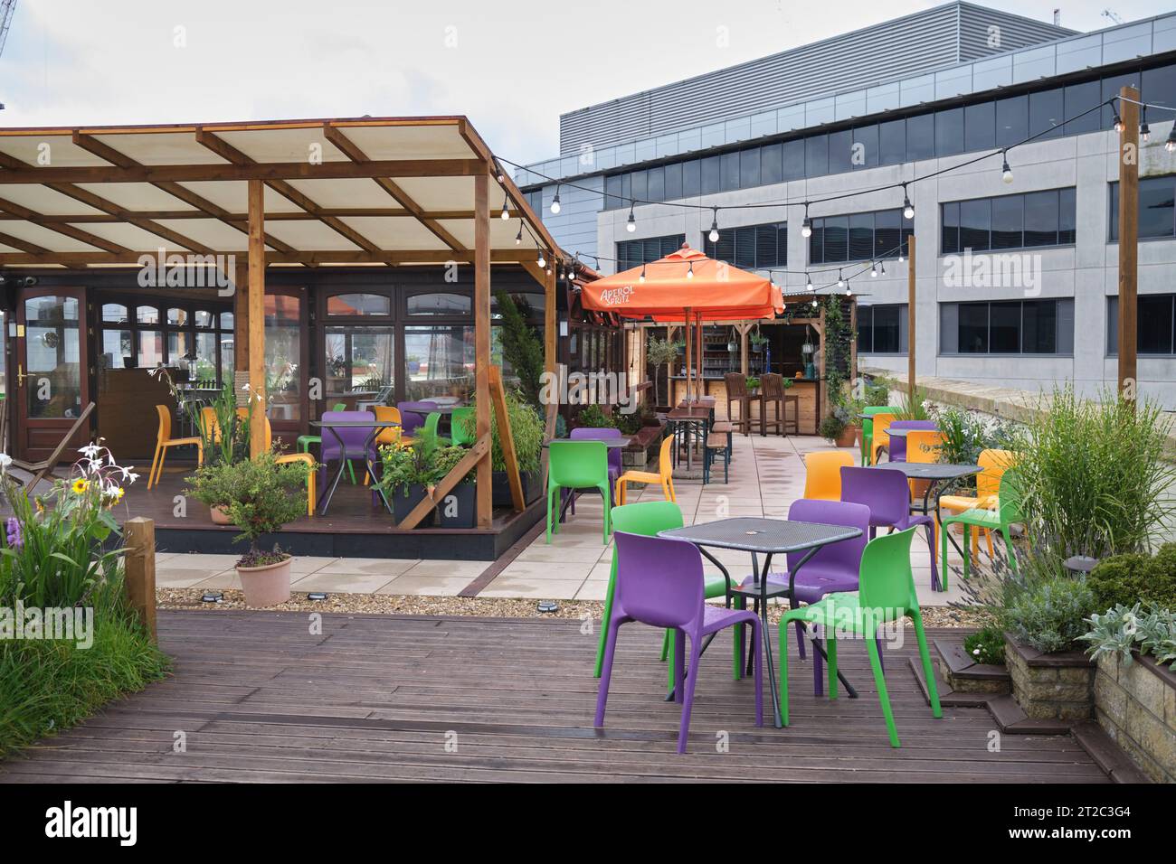 Terrazza con giardino sul tetto presso il Jacobs Antique Centre, West Canal Wharf Cardiff, Galles del Sud, Regno Unito Foto Stock