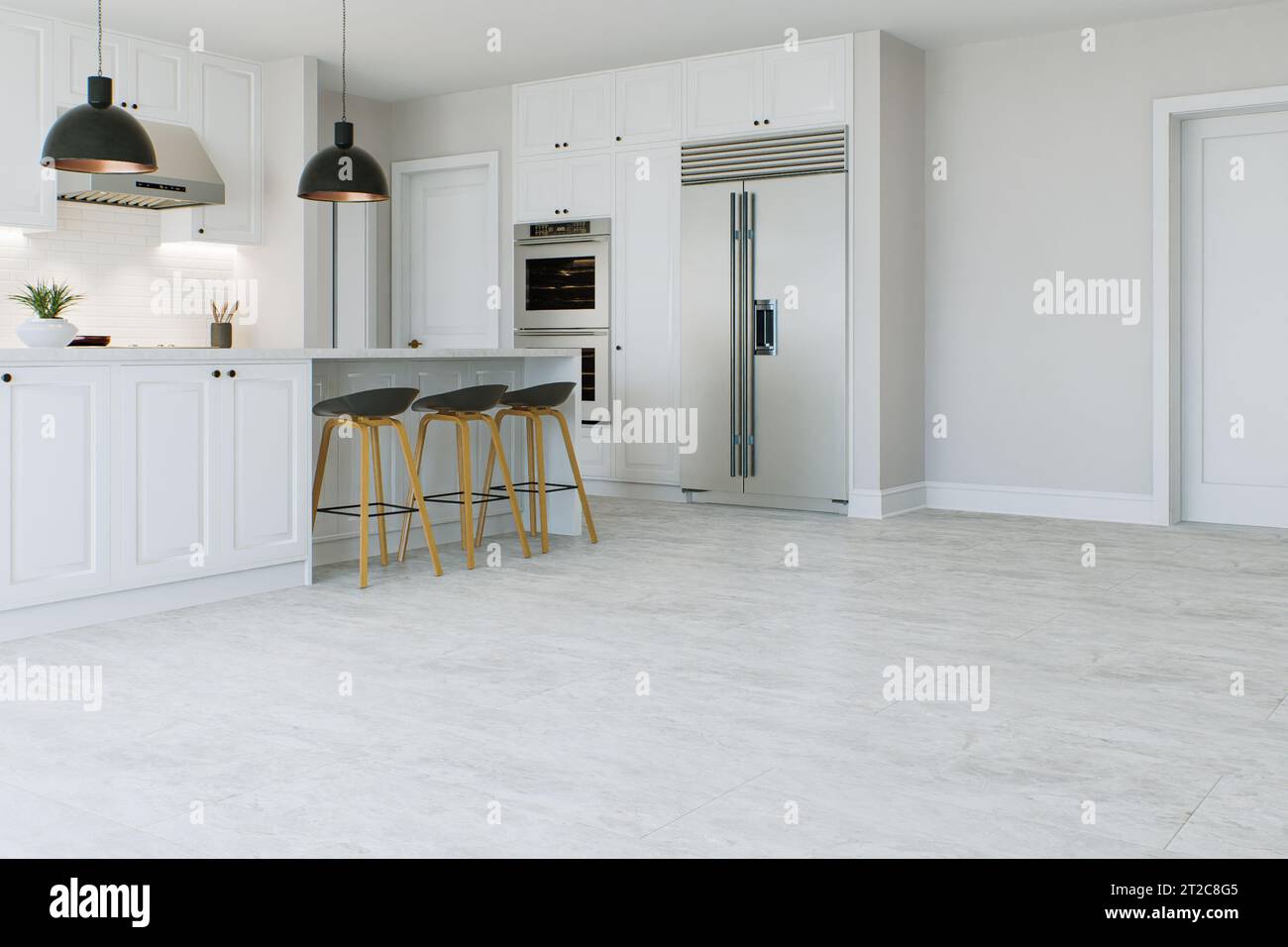 Cucina bianca con isola e grande frigorifero. Foto Stock