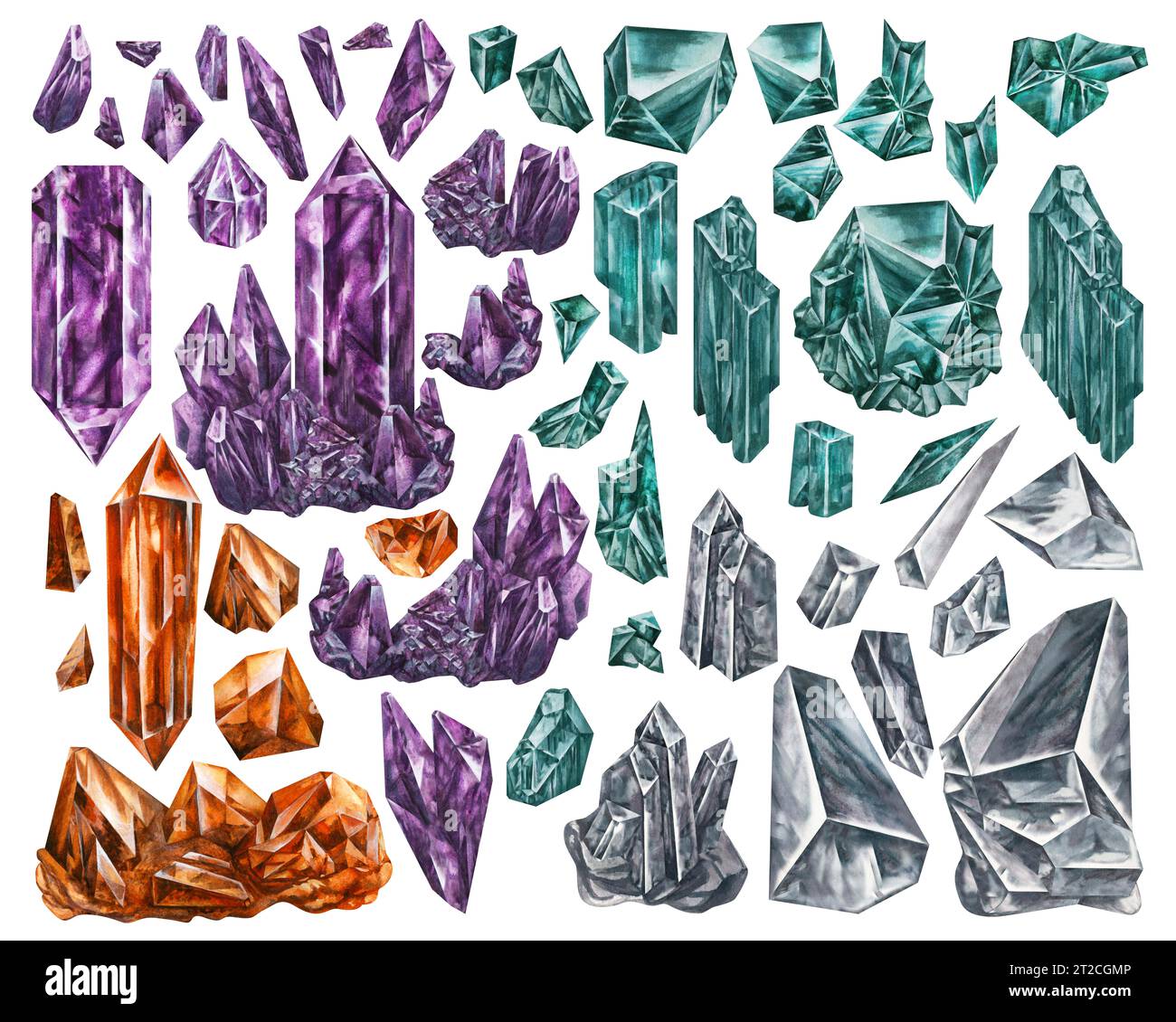 Acquerello ametista, topazio, smeraldo, granate, cristallo di roccia per oroscopo, salute sacra, alchimia, magia, compleanno, San Valentino, Halloween isolate Foto Stock