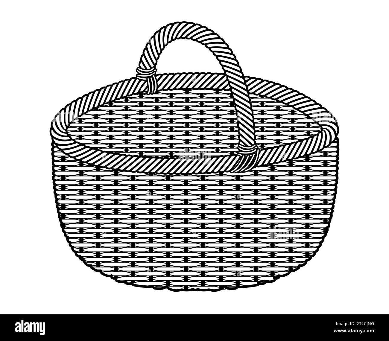 Borsa sagomata cestello in rattan. Illustrazione tecnica degli accessori moda. Vector picnic ovale 3-4 vista per uomo, donna, unisex, borsetta piatta disegno di modello CAD isolato Illustrazione Vettoriale