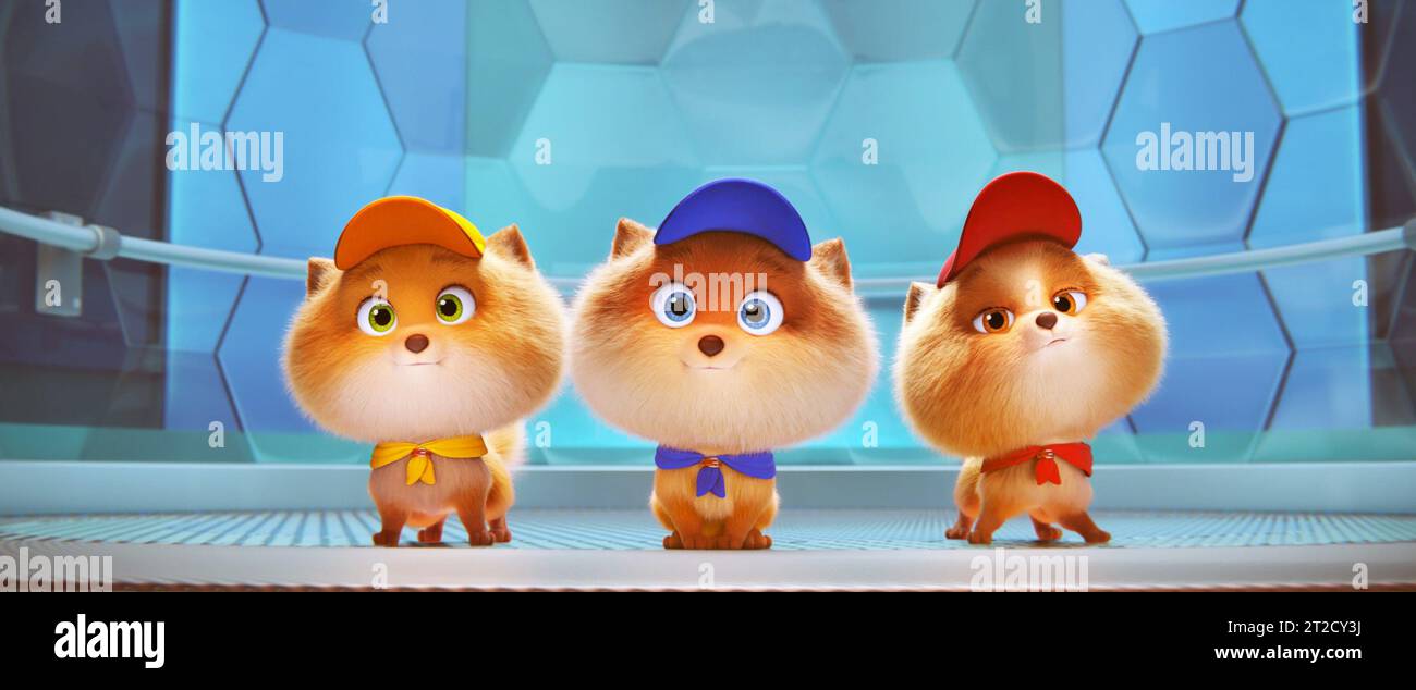 PAW PATROL: THE MIGHTY MOVIE, da sinistra: Mini (voce: Nord-ovest), Nano (voce: Alan Kim), Tot (voce: Brice Gonzalez), 2023. © Paramount Pictures / Courtesy Everett Collection Foto Stock