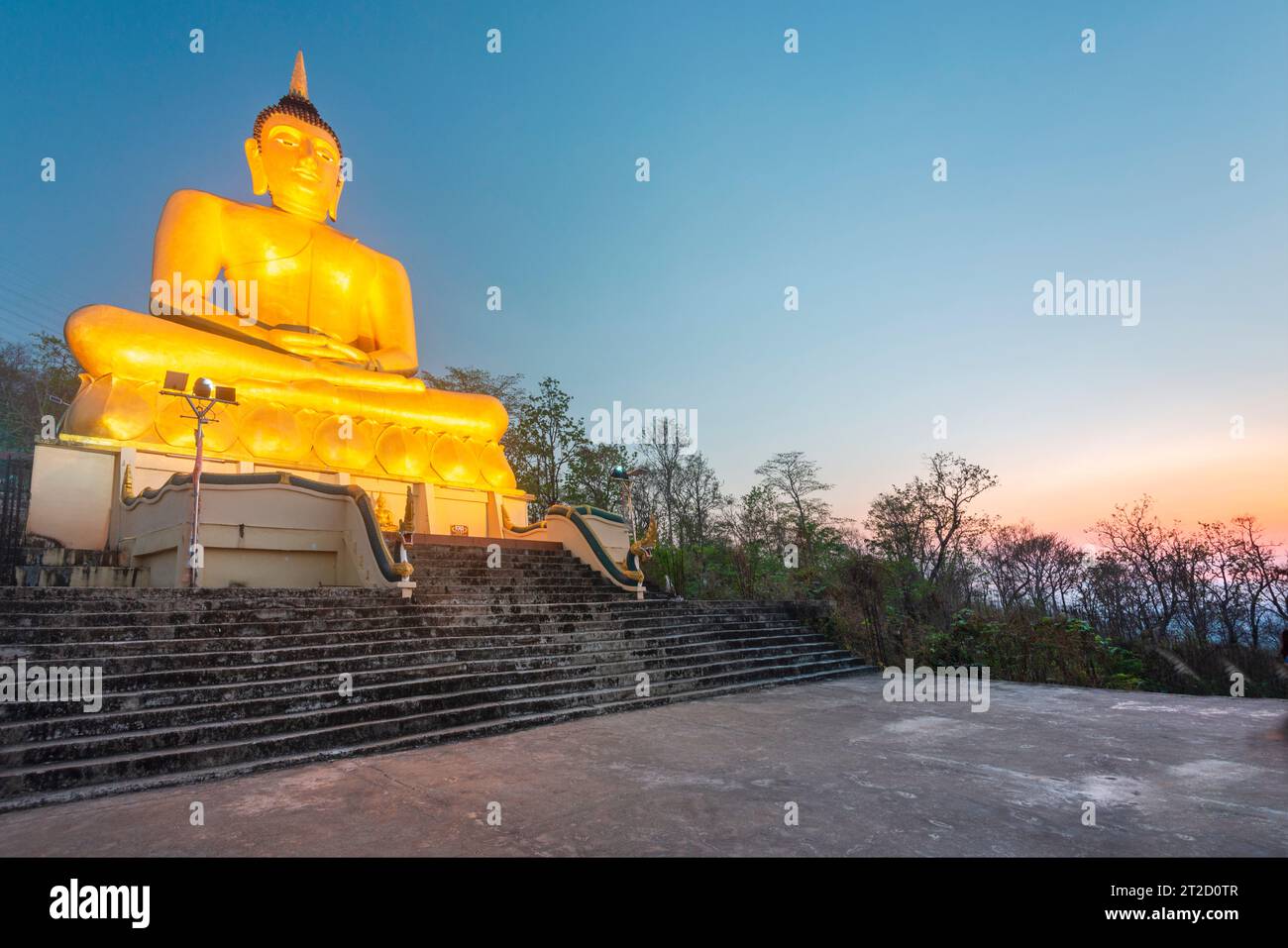 Illuminata da un'illuminazione artificiale al crepuscolo, la splendida e vibrante immagine dorata del Buddha, visibile da lontano, un popolare sito sacro e attrazione turistica Foto Stock