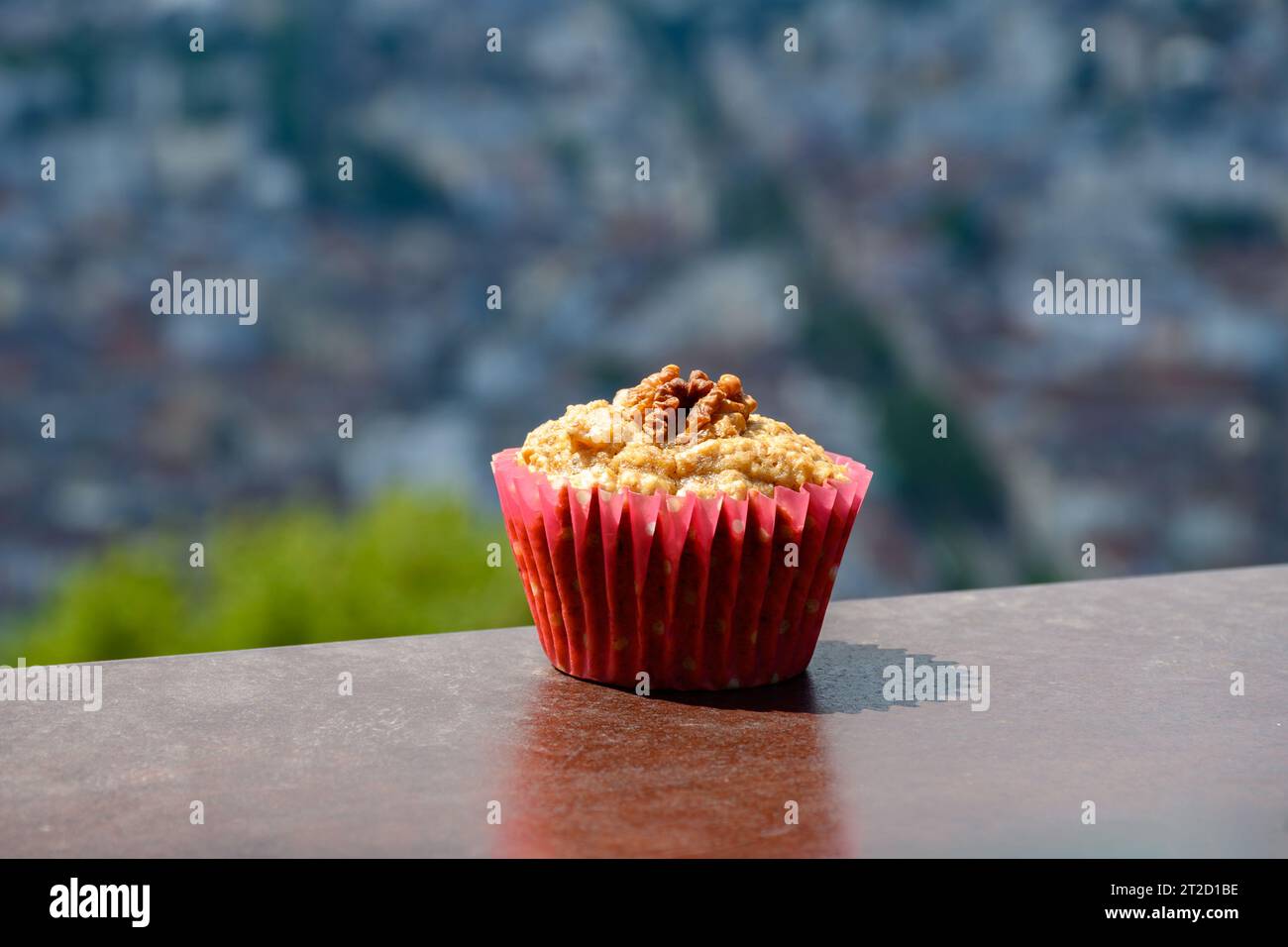Gateau Grenoblois, torta di caffè alla noce francese, specialità di Grenoble e vista sulla parte centrale della città di Grenoble dai fortini della Bastiglia con le montagne A. Foto Stock