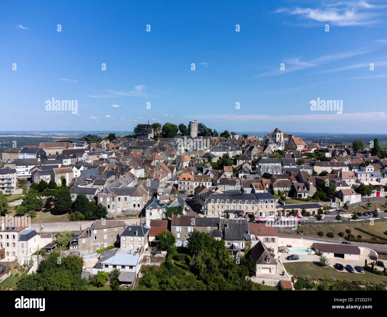 Vista aerea sui verdi vigneti intorno al villaggio di produzione del vino Sancerre, filari di uve sauvignon blanc su colline con terreni diversi, Cher, valle della Loira, Foto Stock