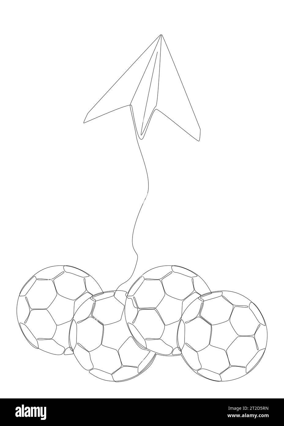 Una linea continua di Paper Airplane con pallone da calcio. Concetto vettoriale illustrazione a linee sottili. Idee creative per disegnare contorni. Illustrazione Vettoriale