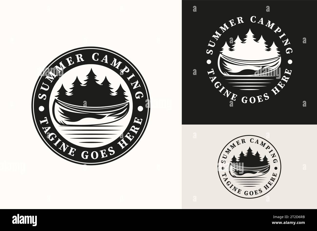 Logo canoa Row Boat kayak con alberi e design vintage con emblema retrò sul fiume. Illustrazione Vettoriale