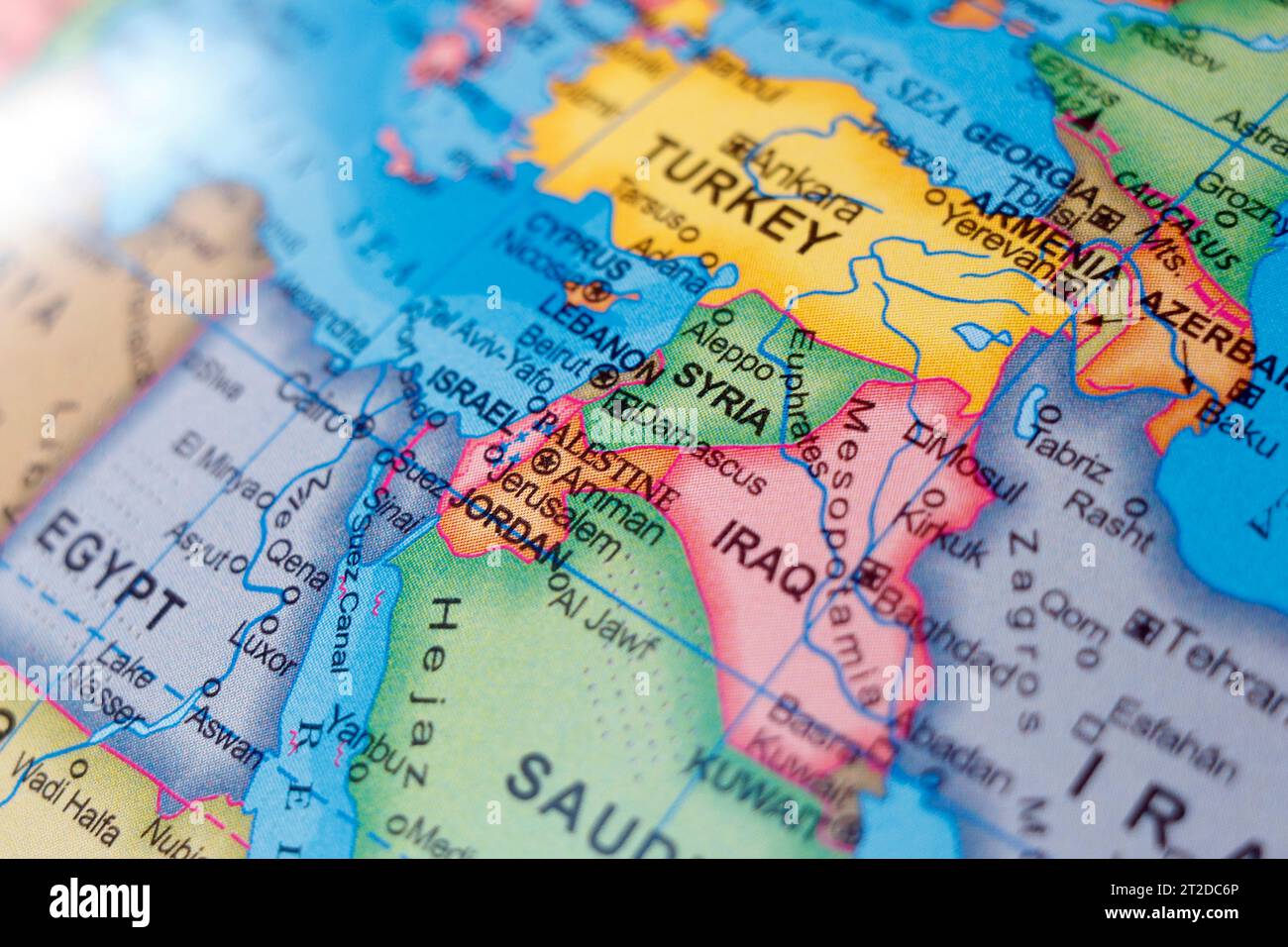 mappa dei paesi del Medio Oriente Israele, Palestina, Giordania, Iraq, Egitto, Arabia Saudita, Siria, Libano, Sinai, Gerusalemme, Tel Aviv in primo piano. Foto Stock