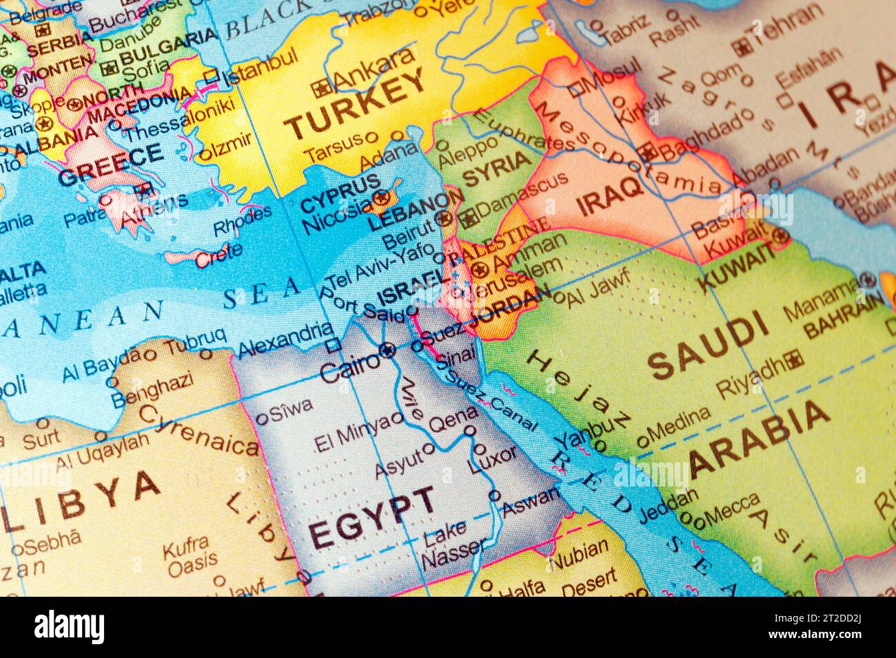 Mappa mondiale dei paesi del Medio Oriente Israele, Palestina, Giordania, Iraq, Egitto, Arabia Saudita, Siria, Libano, Sinai, Gerusalemme, Tel Aviv in primo piano. Foto Stock