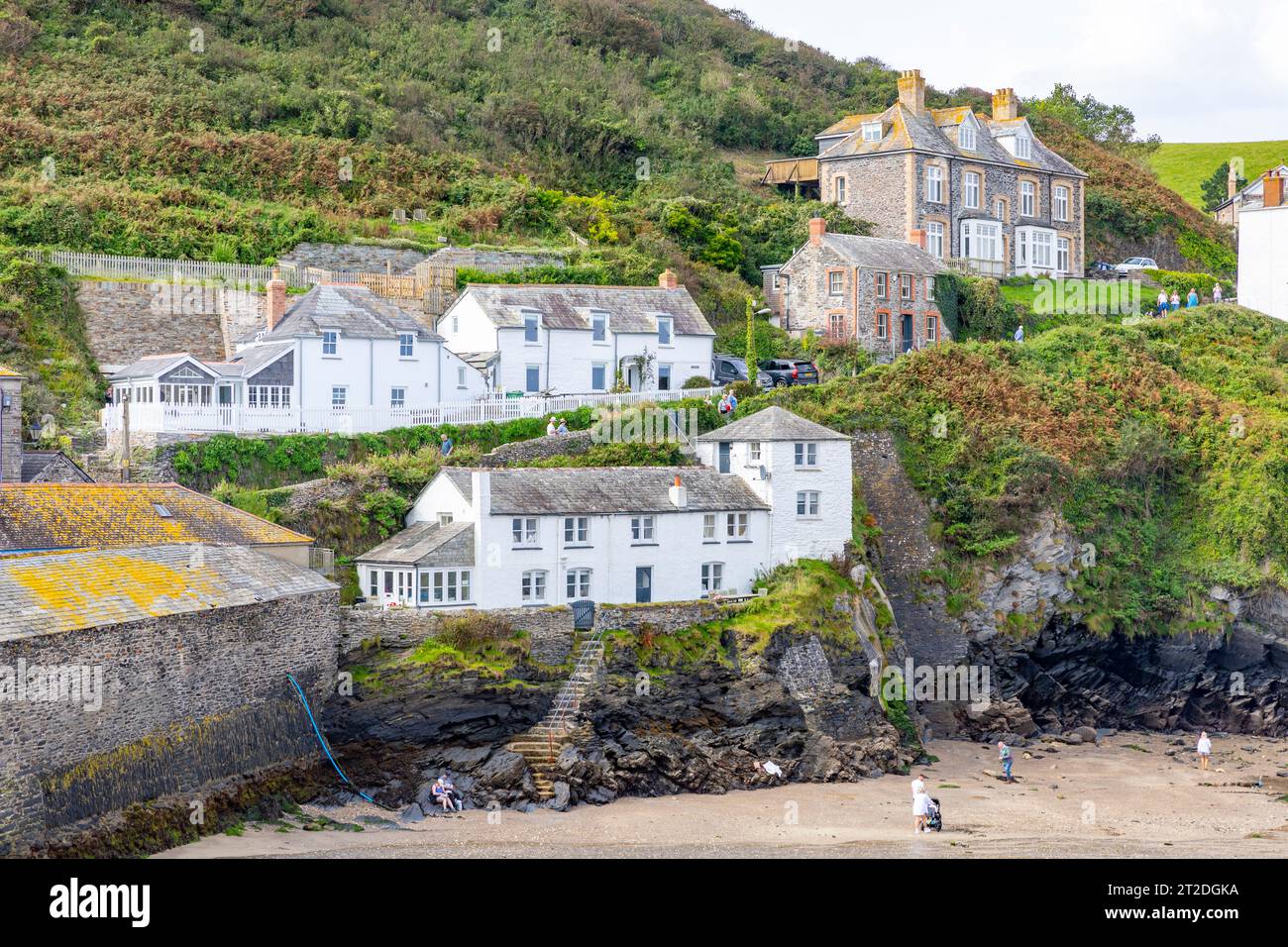 Port Isaac Cornwall cottage lavati con pareti bianche sopra il porto e Doc Martin Fern cottage, Cornovaglia, Inghilterra, Regno Unito Foto Stock