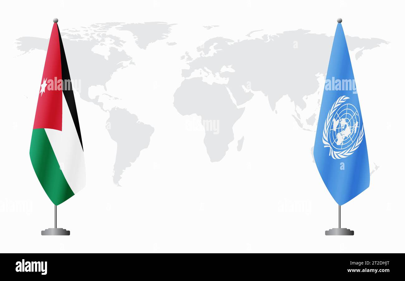 La Giordania e le Nazioni Unite bandiere per un incontro ufficiale sullo sfondo della mappa mondiale. Illustrazione Vettoriale