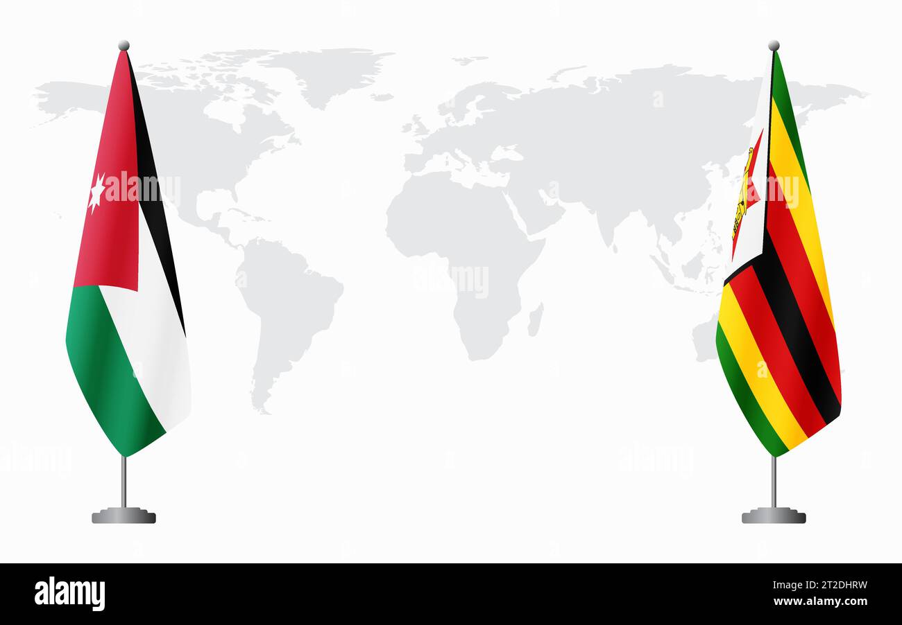 Bandiere della Giordania e dello Zimbabwe per riunioni ufficiali sullo sfondo della mappa mondiale. Illustrazione Vettoriale