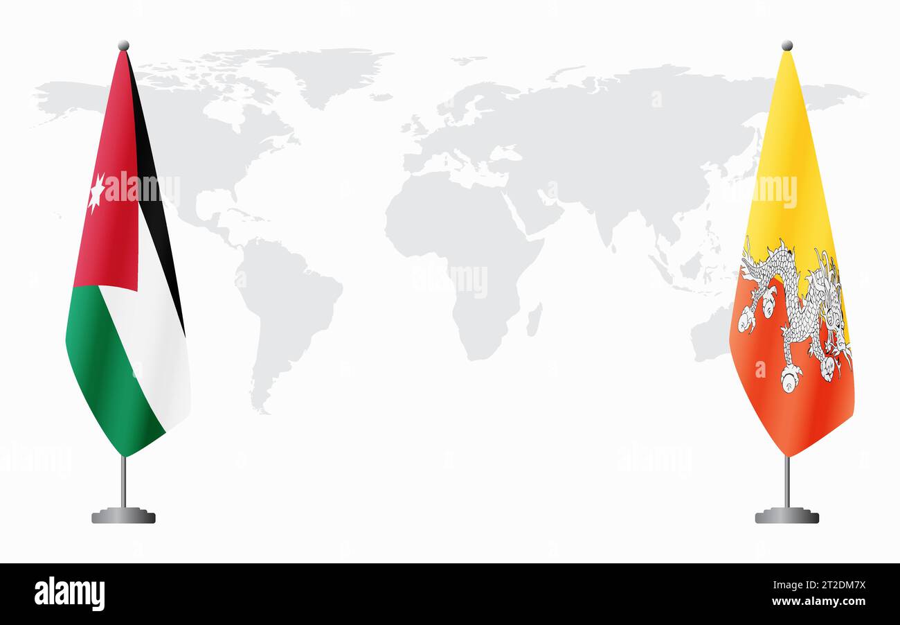 Giordania e Bhutan bandiere per un incontro ufficiale sullo sfondo della mappa mondiale. Illustrazione Vettoriale