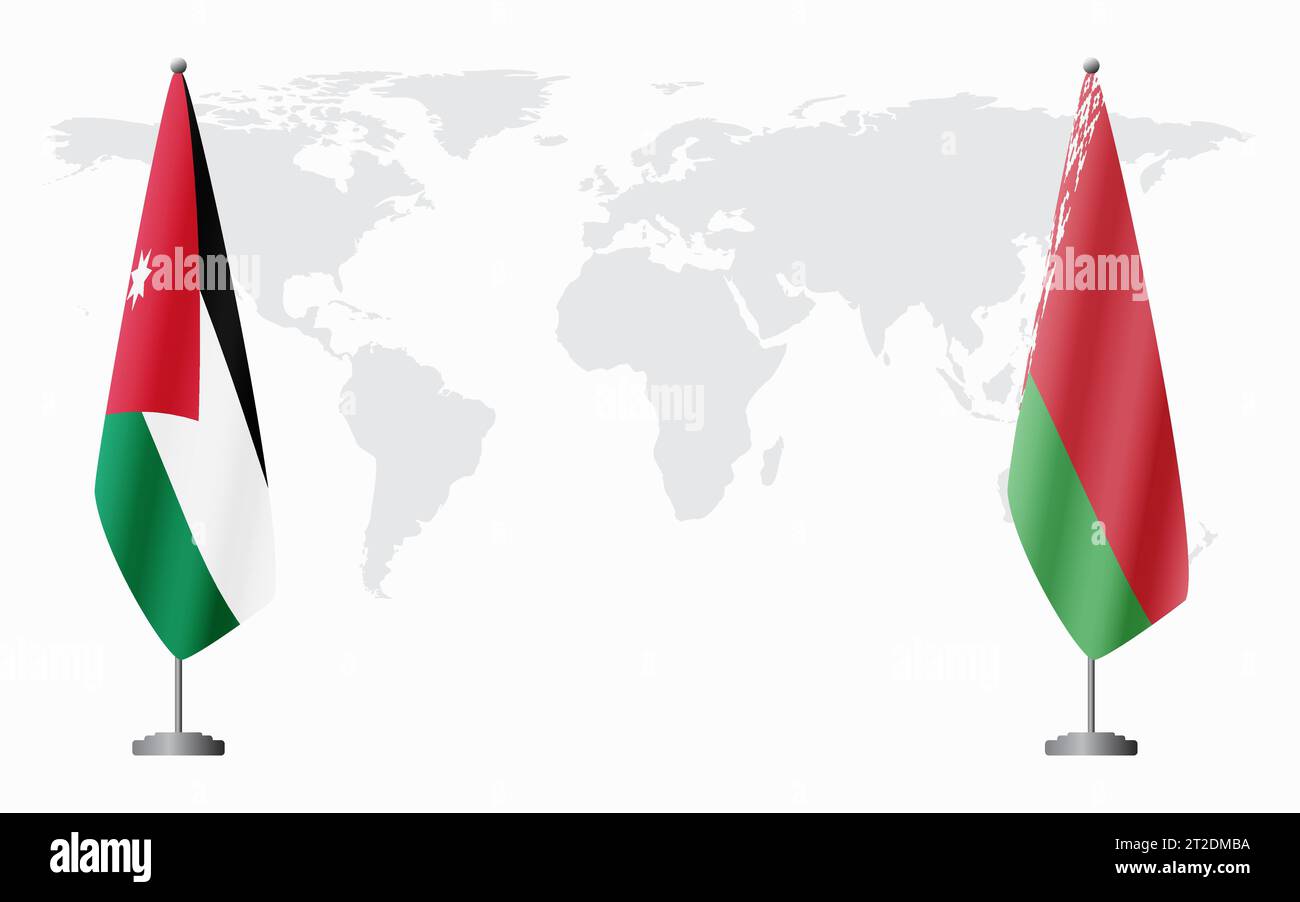 Bandiere giordane e bielorusse per riunioni ufficiali sullo sfondo della mappa mondiale. Illustrazione Vettoriale
