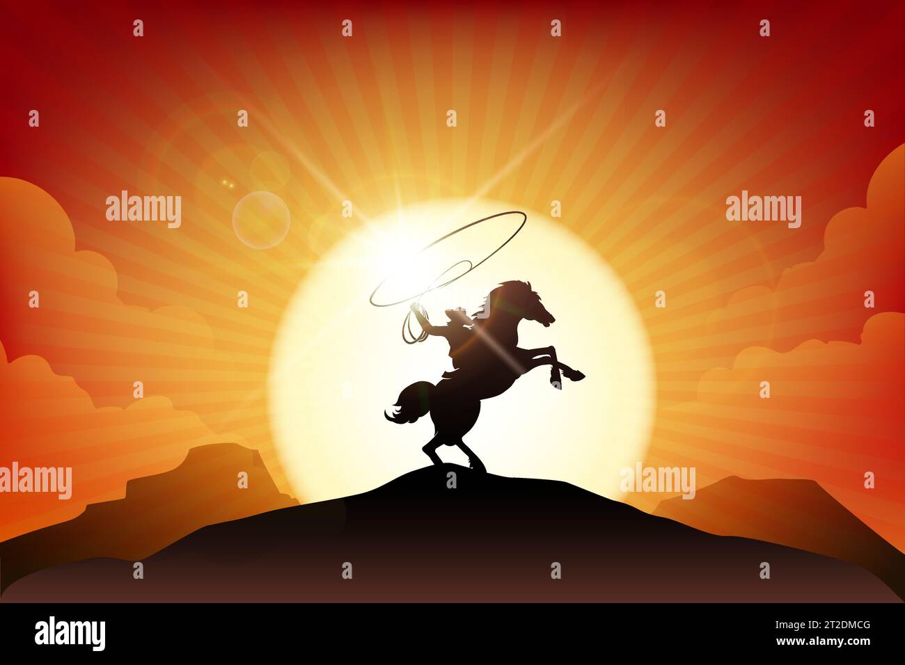 Cowboy con lazo in sella a un cavallo nell'illustrazione vettoriale del deserto del selvaggio West americano Illustrazione Vettoriale