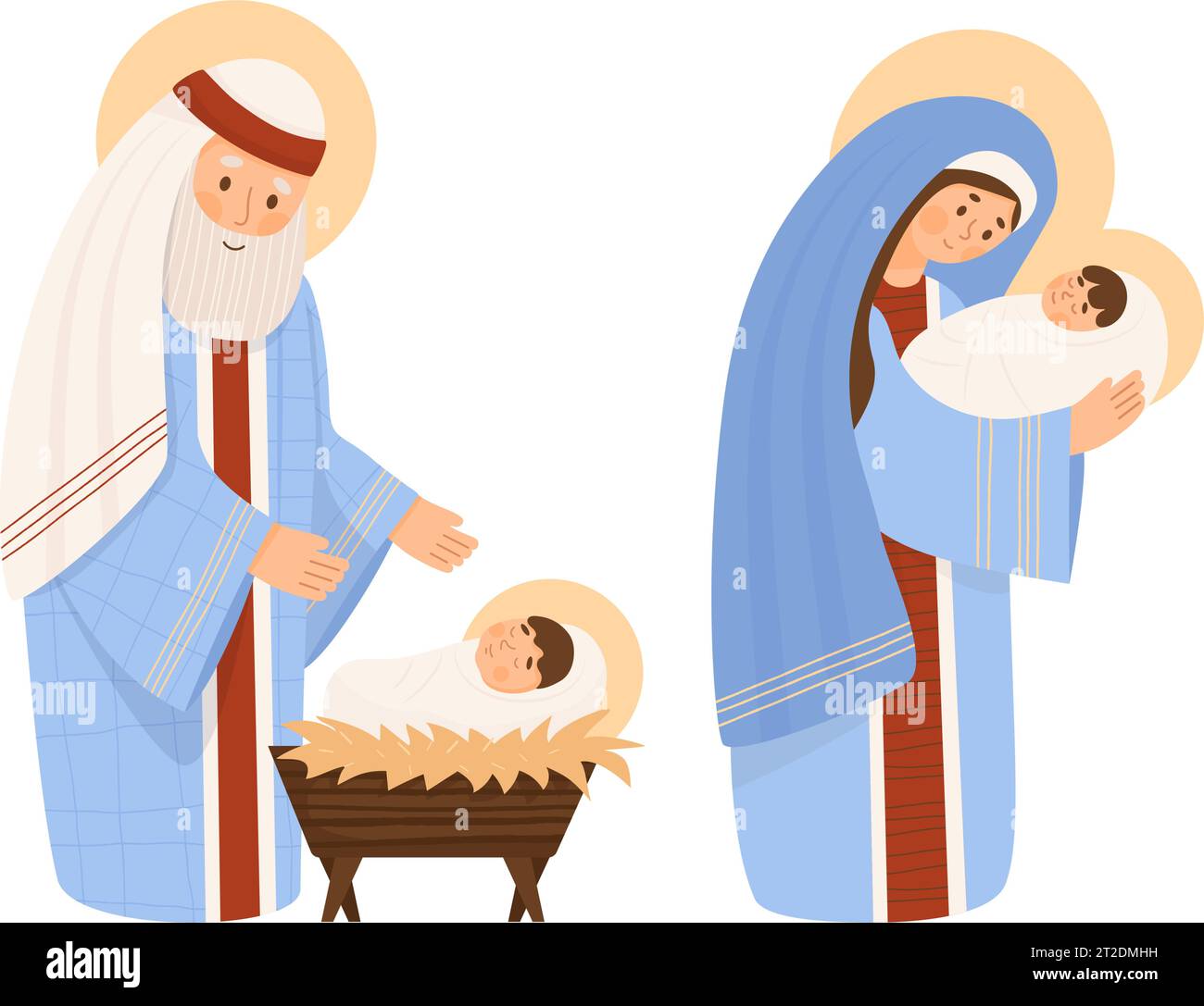 Personaggi religiosi di Natale. Sacra famiglia. La Vergine Maria, San Giuseppe e il bambino Gesù in mangiatoia. Nascita di Cristo Salvatore. Illustrazione isolamento vettoriale i Illustrazione Vettoriale