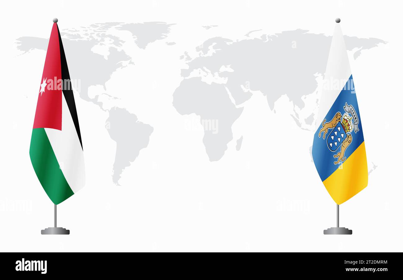 Bandiere della Giordania e delle Isole Canarie per un incontro ufficiale sullo sfondo della mappa mondiale. Illustrazione Vettoriale