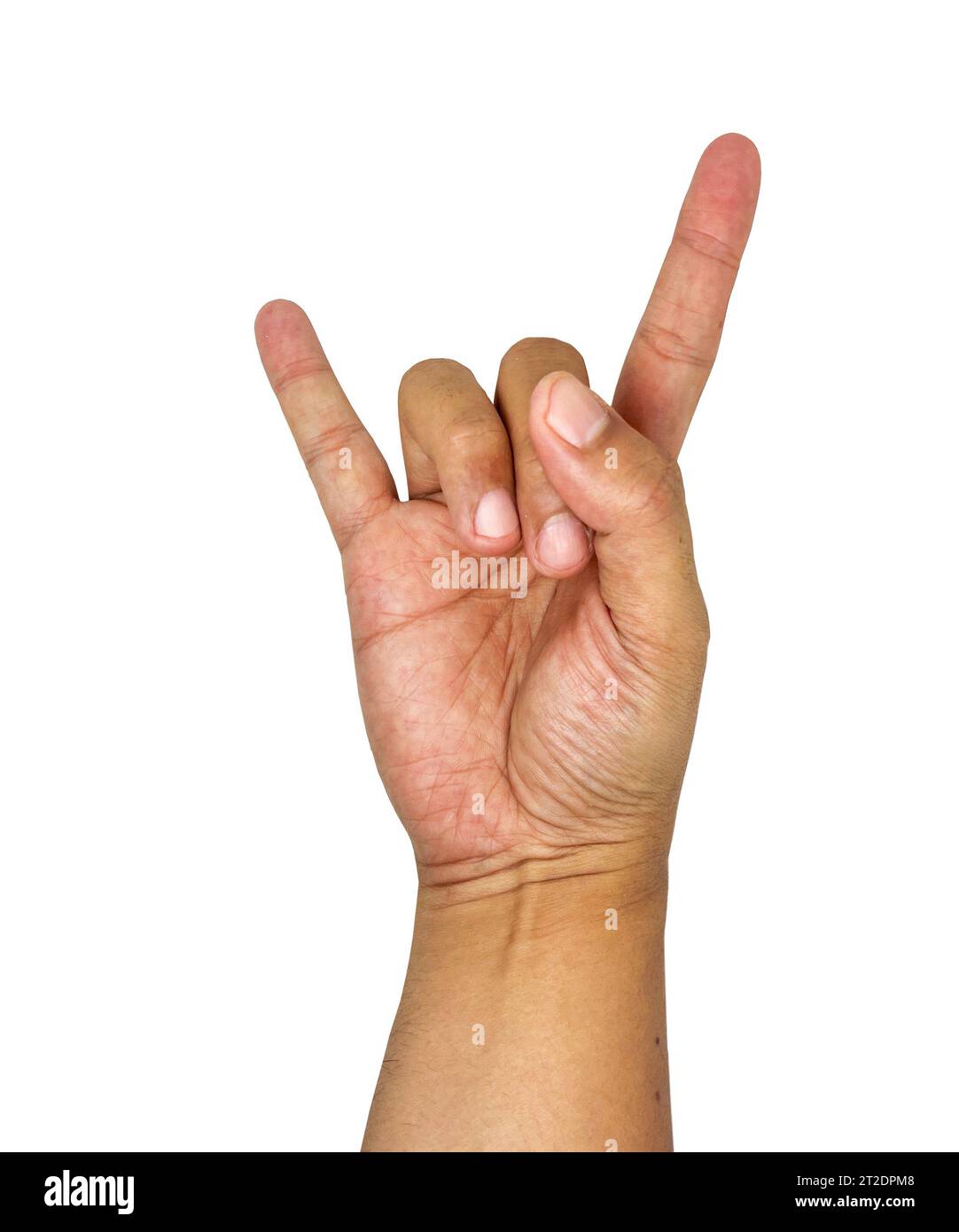 insegna a mano metallica con sfondo bianco Foto Stock