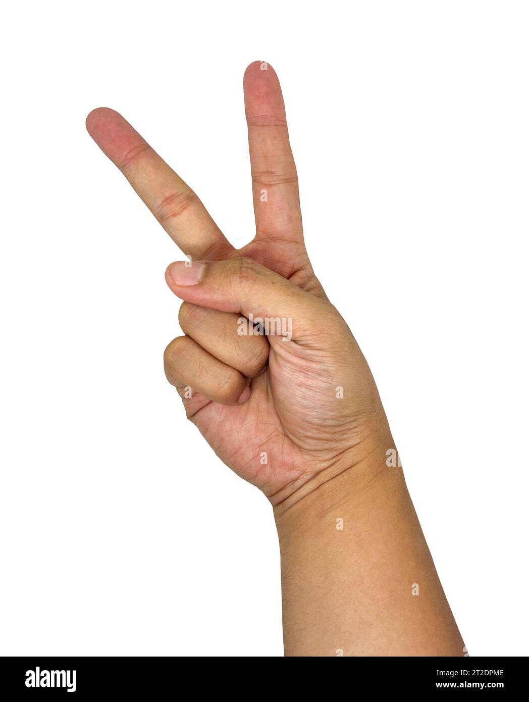 segno della mano di pace con sfondo bianco Foto Stock