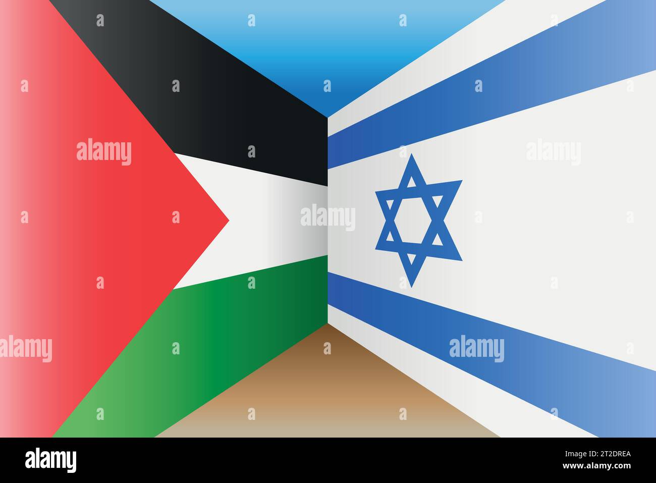 Le bandiere di Palestina e Israele sono rivolte l'una verso l'altra in prospettiva, illustrazione vettoriale Illustrazione Vettoriale