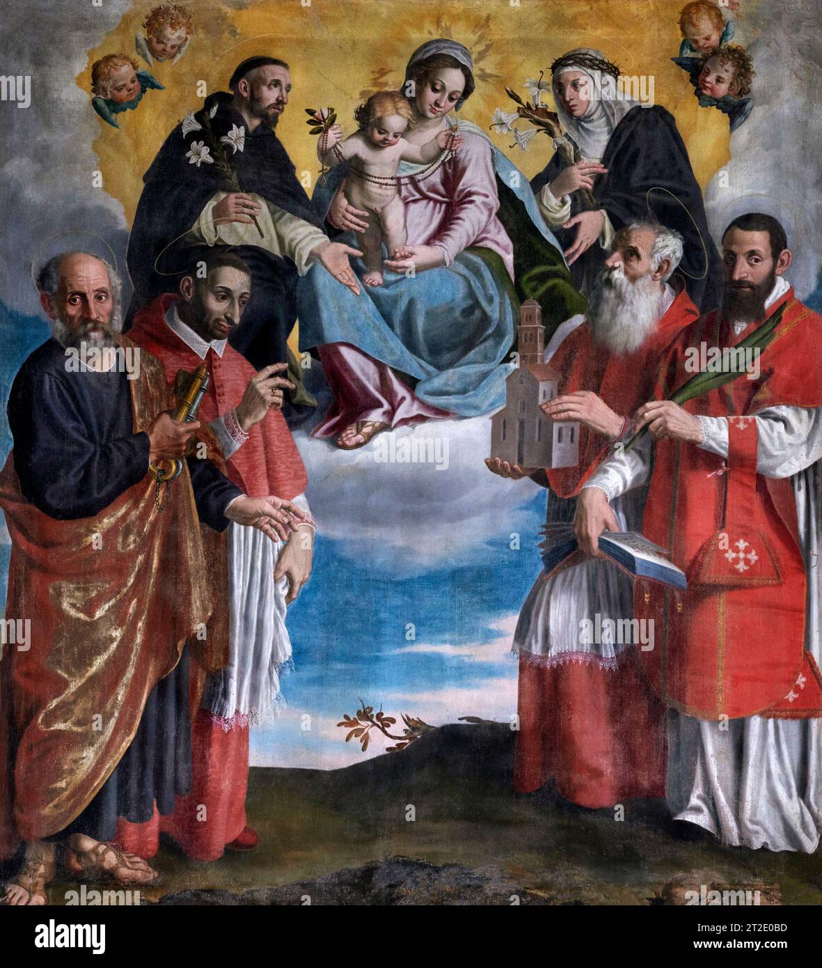 Madonna col bambino a gloria con S. Caterina da Siena, S.. Domenico di Guzman, S.. Pietro apostolo, S.. Carlo Borromeo e S. Nicola da Bari - olio su tela - Foto Stock