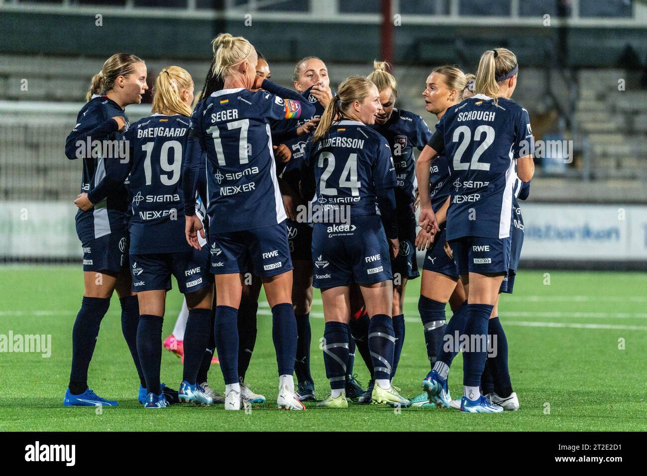 Malmoe, Svezia. 18 ottobre 2023. Hanna Andersson (24) del FC Rosengaard segna per il 2-0 durante la partita di qualificazione alla UEFA Women's Champions League tra FC Rosengaard e Spartak Subotica a Malmö Idrottsplats a Malmö. (Foto: Gonzales Photo/Alamy Live News Foto Stock